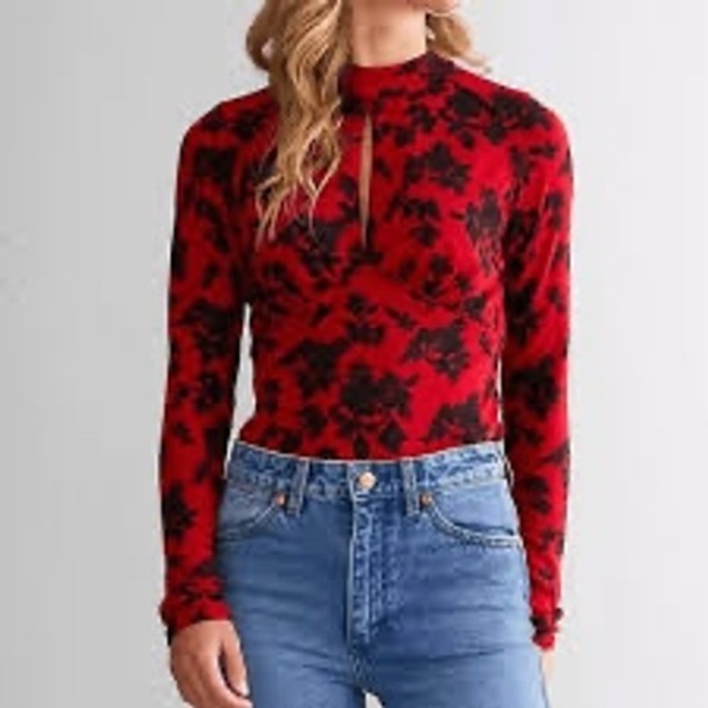 Free People Women Medium Dinner Pary Long Sleeve Floral Key Hole Mock Retro Chic